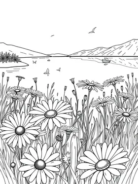 Daisy field by the lake coloring page